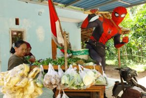 Pedagang Sayur di Banyuwangi Tampil Nyentrik dengan Kostum Spiderman